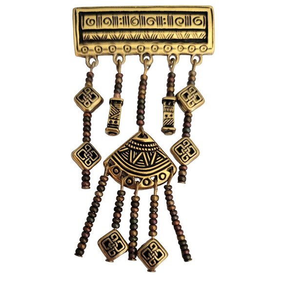 Gold Tone Long Dangle Charm Tribal Bar Brooch Pin, M551 - Picture 1 of 6
